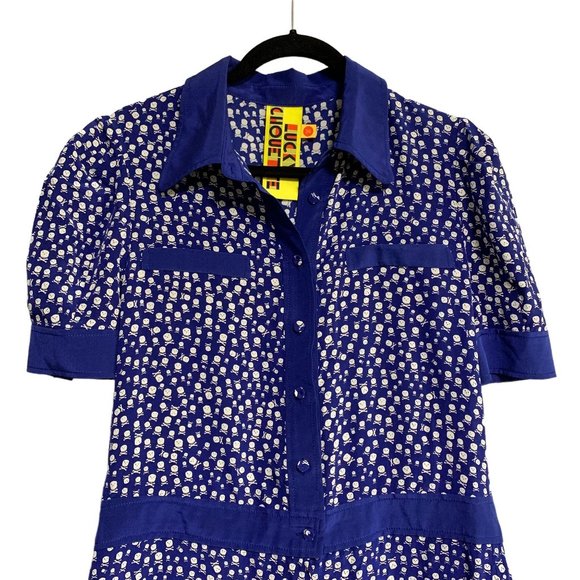 Lucky Chouette Silk Skull & Crossbones Novelty Print Button Front Romper Size M - Picture 3 of 15